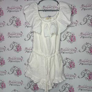 Ocean drive romper shorts off shoulder ruffle frilly waist tie up white cream